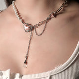 Pearl-Embellished Metallic Heart Necklace