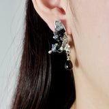 Black Crystal Butterfly Pearl Pendant Earrings