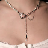 Pearl-Embellished Metallic Heart Necklace