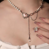 Pearl-Embellished Metallic Heart Necklace