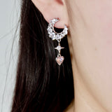 Pink Heart Crescent Moon Earrings