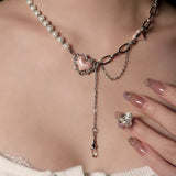 Pearl-Embellished Metallic Heart Necklace