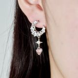 Pink Heart Crescent Moon Earrings