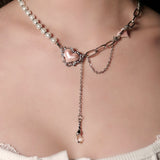 Pearl-Embellished Metallic Heart Necklace