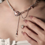 Pearl-Embellished Metallic Heart Necklace