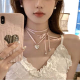 Heart Pink Ribbon Bow Choker Necklace