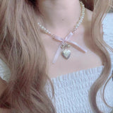 Rose Heart Bow Pendant Pearl Necklace