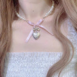 Rose Heart Bow Pendant Pearl Necklace