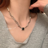 Black Square Diamond Pearl Necklace