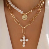 Gold Coin Pearl Cross Necklace